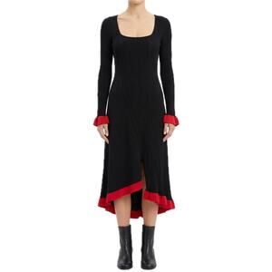 Esteban Cortazar Black Red Square Neck Knit Midi Long Sleeve Sweater Dress Sz S